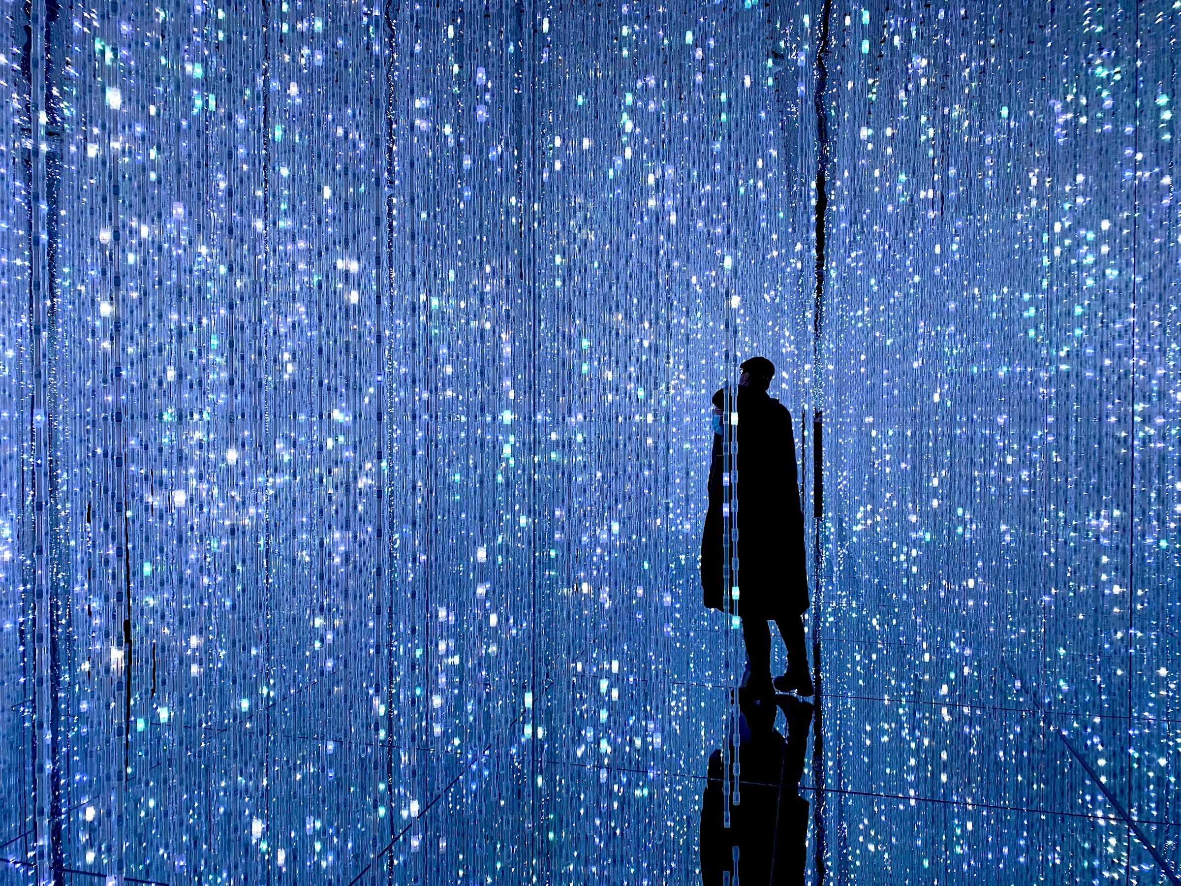 A single visitor standing in a dark room filled with blue light from a teamLab digital installation